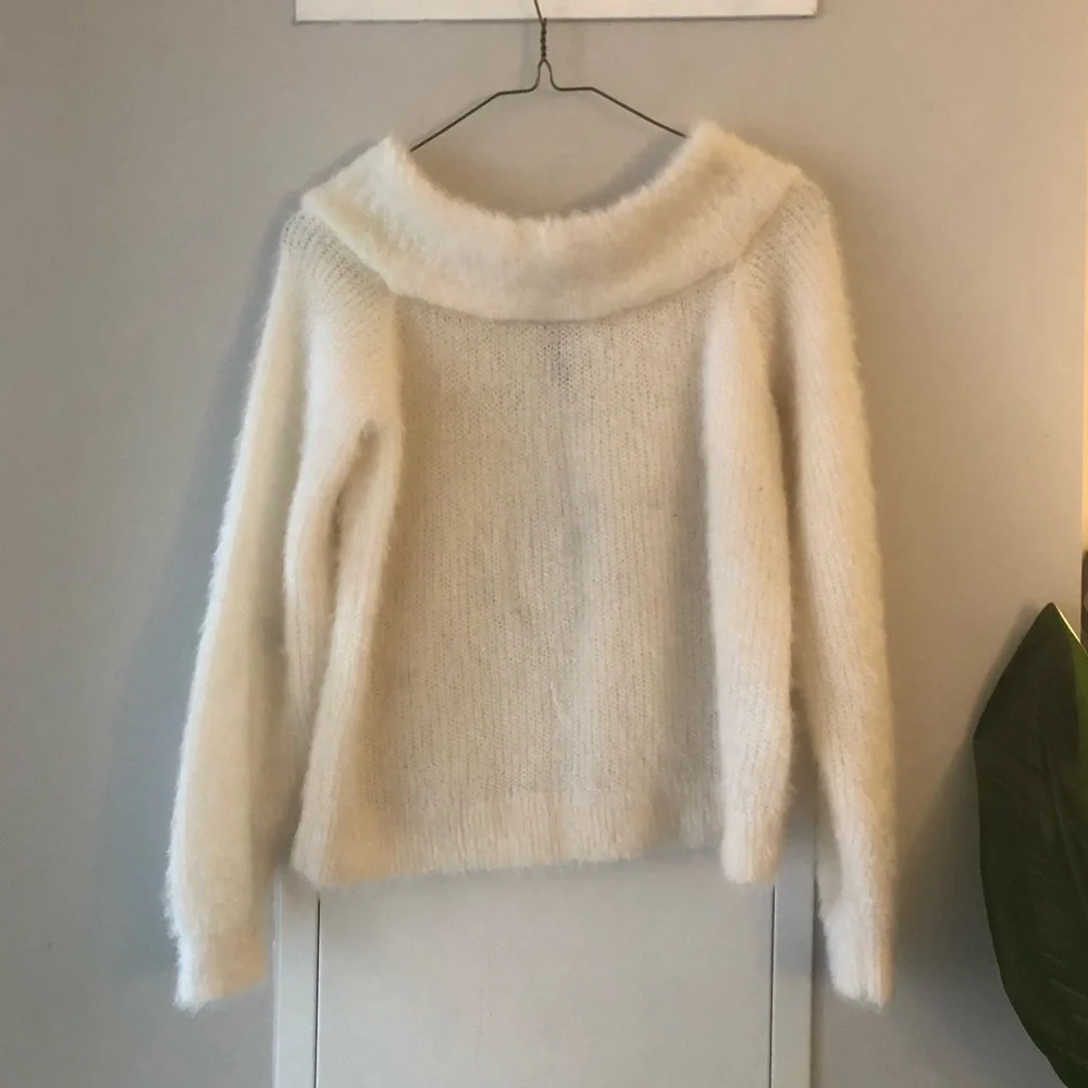 SOLD - Cream Fuzzy Off Shoulders Sweater - Picture 1 of 3